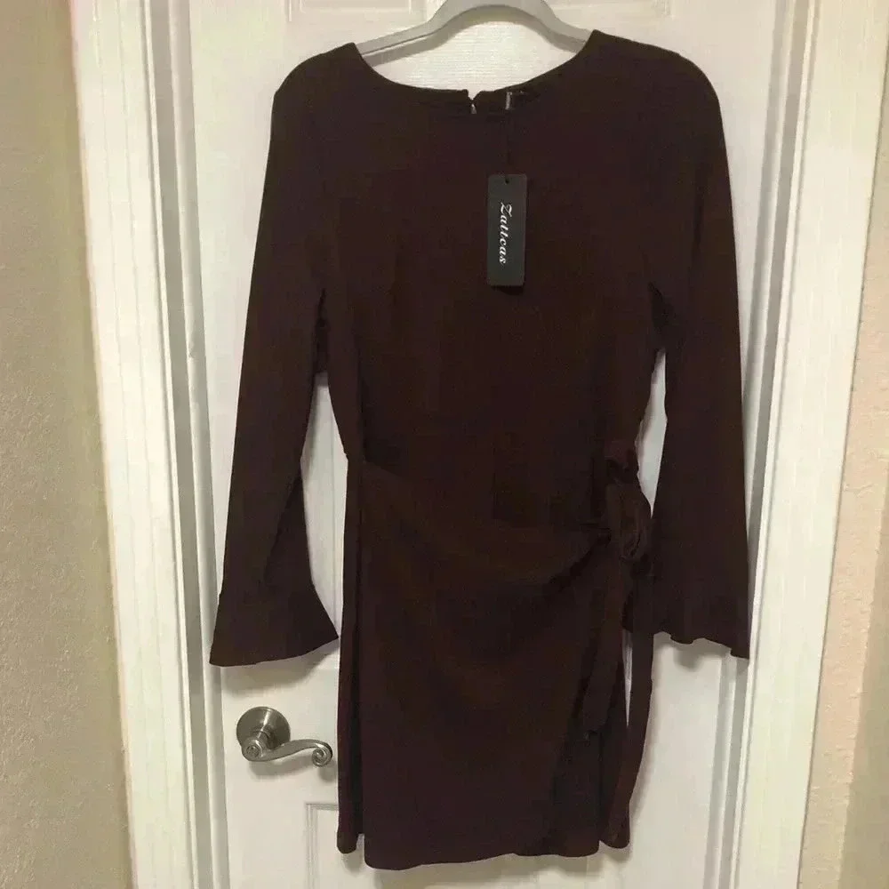 Deep Burgundy Ruffled Bell Sleeve Sheath Dress
